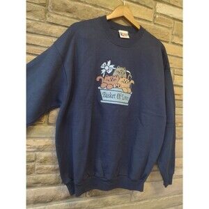Vintage 80s Deadstock Basket of Love Cats Applique Sweatshirt XL USA Made Navy